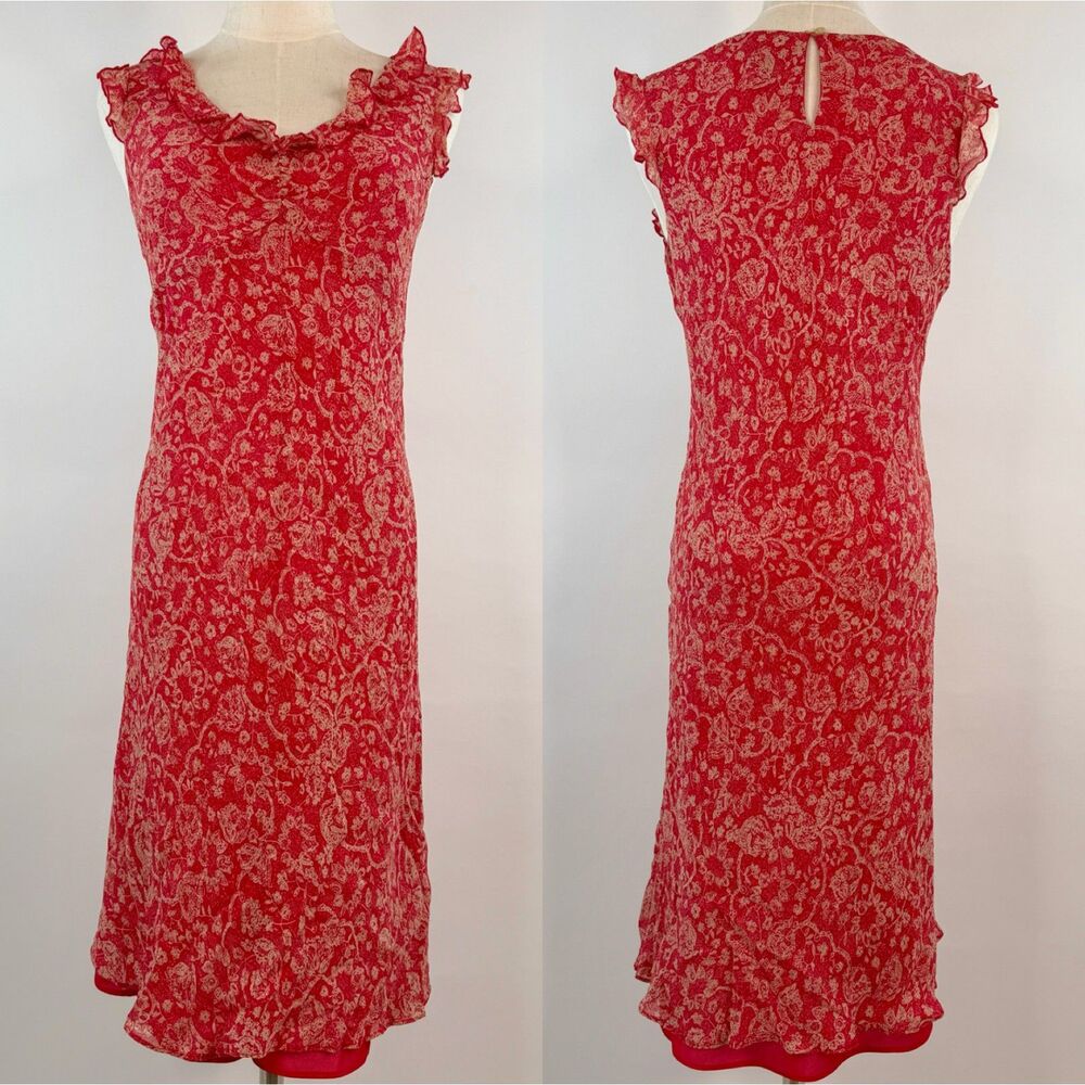 Vintage Midi Peach Pink Floral Fairy Dress 100% Silk Ruffled Hem Ethereal Size 6